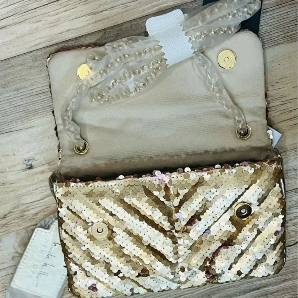 NWT Nicole Miller Gold Sequin Quilted Crossbody Small Bag Shoulder Purse Handbag